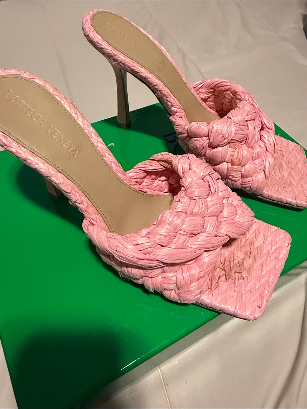 Bottega Veneta Pink Braided Square-Toe Mule Heels